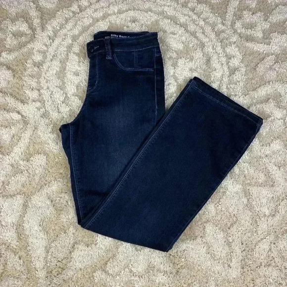 Laurie Felt Pull On Jeans Women's PXS Black Mid-Rise Silky Boot Cut Dark Wash - Picture 2 of 9